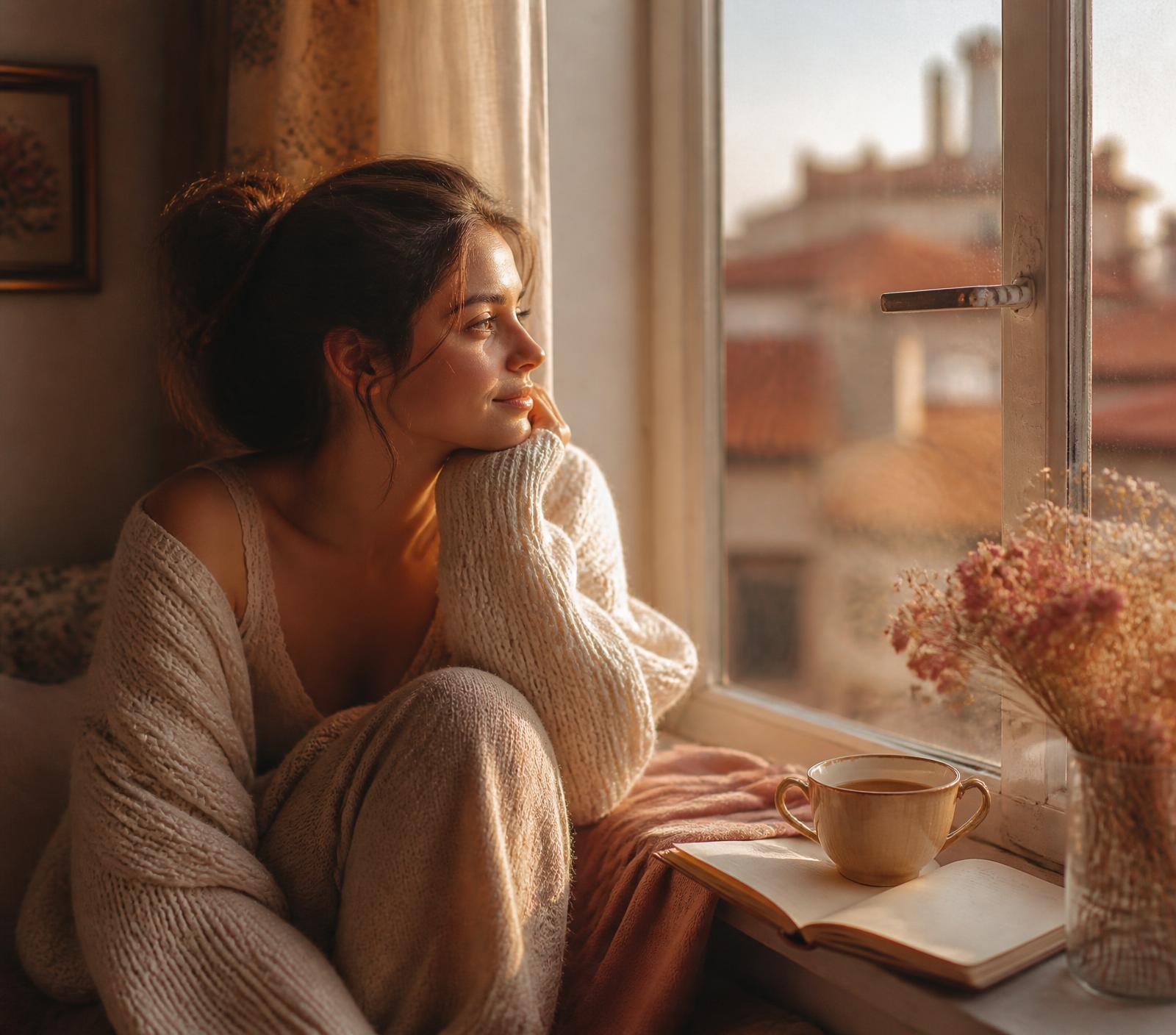 A woman sitting by a sunlit window with a journal and tea, quietly healing